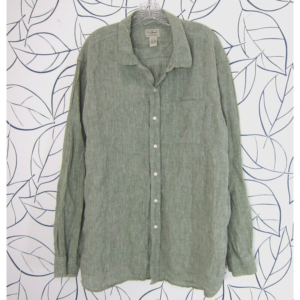 LL Bean 100% Linen Shirt Men's Size XXL Regular Green Long Sleeve Pocket
